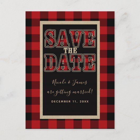 Rustic Rood Zwart Buffalo Geruit Save the Date Aankondigingskaart (Voorkant)