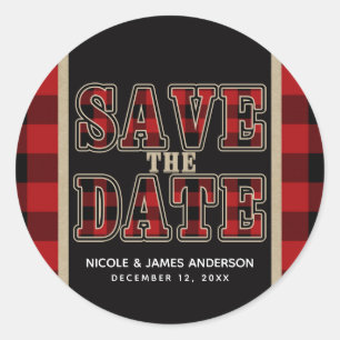 Rustic Rood Zwart Buffalo Geruit Save the Date Ronde Sticker