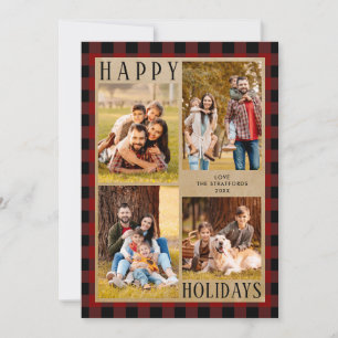 Rustic Rood Zwart Buffalo Plaid 4 Foto Collage Feestdagenkaart