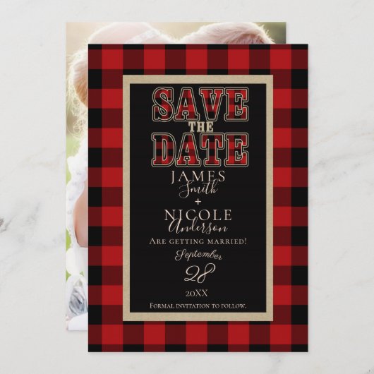 Rustic Rood Zwart Buffalo Plaid Foto Save the Date Kaart (Voorkant / Achterkant)
