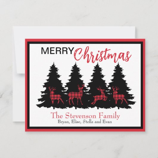 Rustic Rood Zwarte Buffalo Geruite Herten en Bomen Feestdagenkaart (Voorkant)