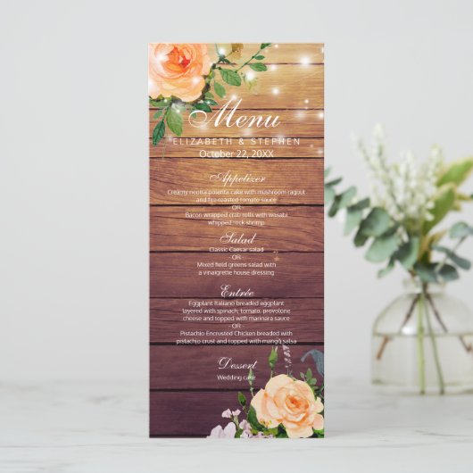Rustic Roos Floral String Lights Wedding Menu (Staand voorkant)