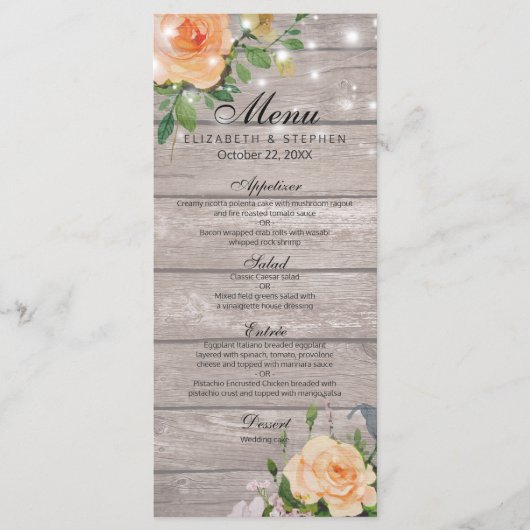Rustic Roos Floral String Lights Wedding Menu (Voorkant)