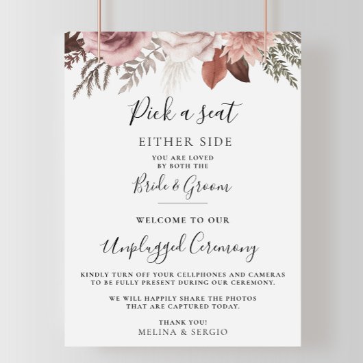 Rustic Roos Gold Floral Wedding Unplugged Ceremoni Poster