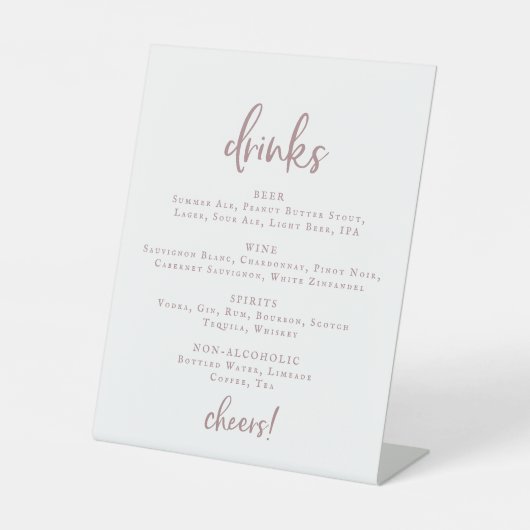 Rustic Roos Gold Script Wedding Drink Menu Sign. Reclamebord Met Voetstuk (Voorkant)
