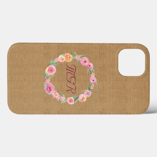 Rustic Roos Krans Monogram op Burlap Case-Mate iPhone Case (Achterkant (horizontaal))