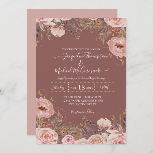 Rustic Roos Roze Waterverf Floral Dried Greenery Kaart (Voorkant / Achterkant)