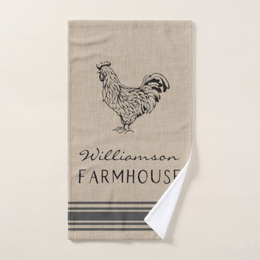 RUSTIC ROOSTER FARMHOUSE FAMILIE NAME BURLAP HANDDOEK (Handdoek)