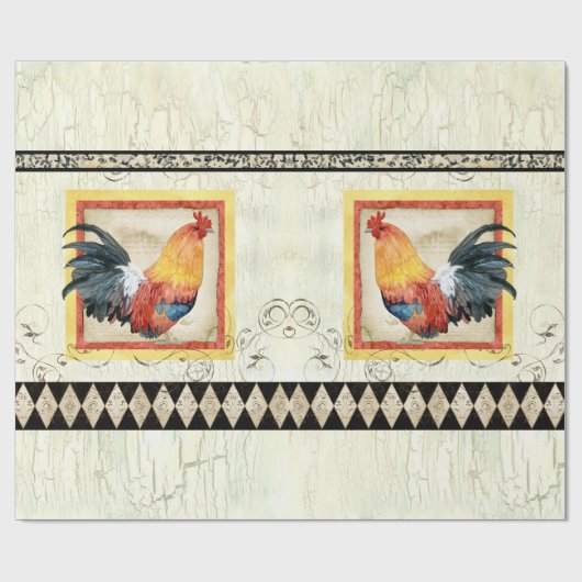 Rustic Rooster Waterverf Harlequin Wood Ontvlechti Cadeaupapier (Vlak)