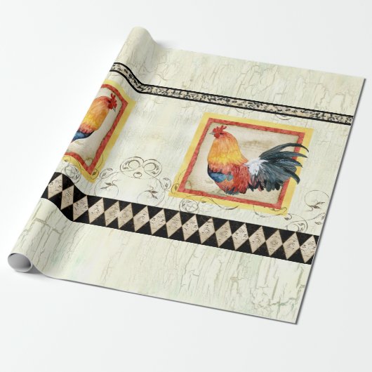 Rustic Rooster Waterverf Harlequin Wood Ontvlechti Cadeaupapier (Uitgerold)