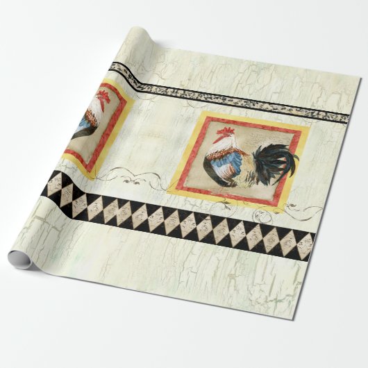 Rustic Rooster Waterverf Harlequin Wood Ontvlechti Cadeaupapier (Uitgerold)