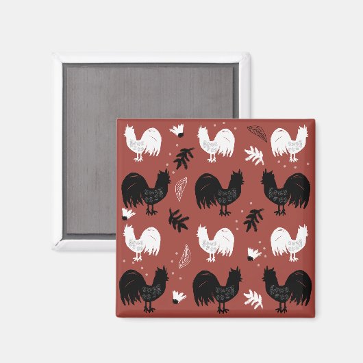 Rustic Roosters Boerderij Hand Drawn Pattern Magneet (Voorkant / Achterkant)
