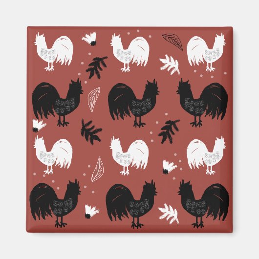 Rustic Roosters Boerderij Hand Drawn Pattern Magneet (Voorkant)