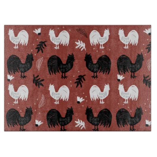 Rustic Roosters Boerderij Hand Drawn Pattern Snijplank (Voorkant)