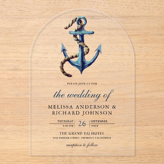 Rustic Rope Navy Blue Anchor Nautical Wedding  Acryl Uitnodigingen (Voorkant)