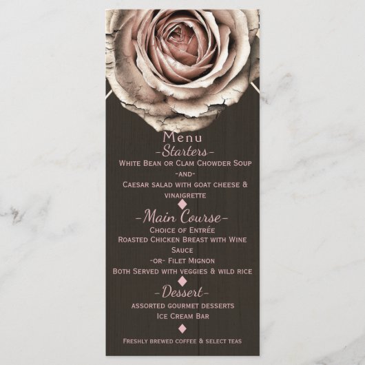 Rustic Rose Elegante Lichte Houten Diamanten Feest Menu (Voorkant)