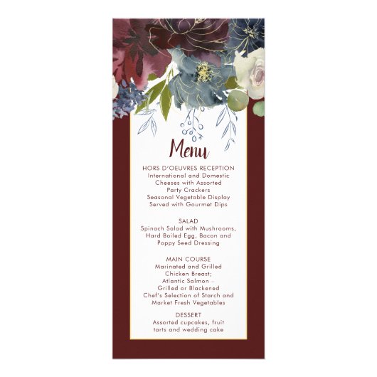 Rustic Rose Navy Burgundy Gold Floral Wedding Menu (Voorkant)