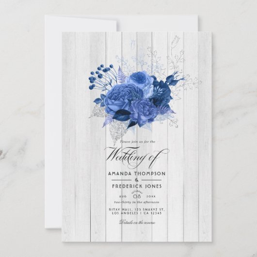 Rustic Royal Blue en Silver Floral Wedding Kaart (Voorkant)