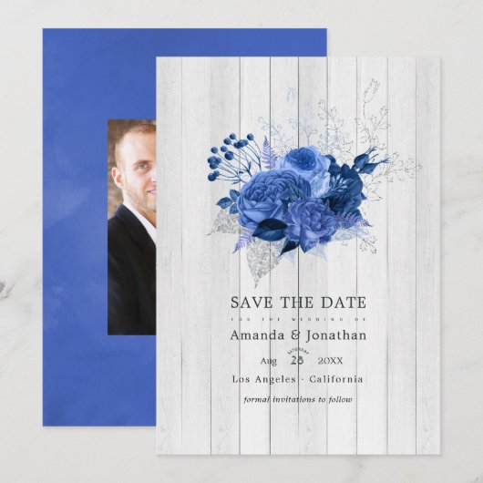 Rustic Royal Blue en Silver Floral Wedding Photo Save The Date (Voorkant / Achterkant)