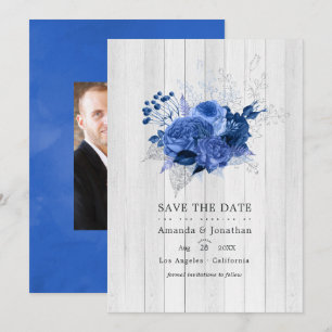 Rustic Royal Blue en Silver Floral Wedding Photo Save The Date