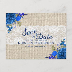Rustic Royal Blue Floral Burlap Save the Date Aankondigingskaart