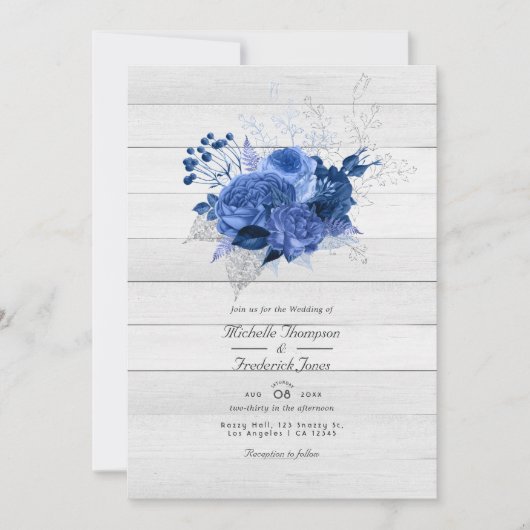 Rustic Royal Blue & Silver Floral QR Code Wedding Kaart (Voorkant)