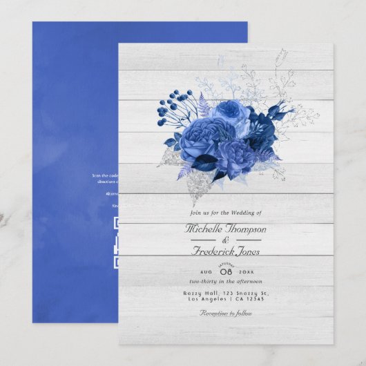 Rustic Royal Blue & Silver Floral QR Code Wedding Kaart (Voorkant / Achterkant)