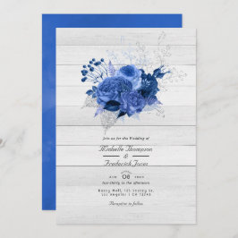 Rustic Royal Blue & Silver Floral QR Code Wedding Kaart