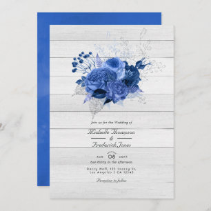 Rustic Royal Blue & Silver Floral QR Code Wedding Kaart
