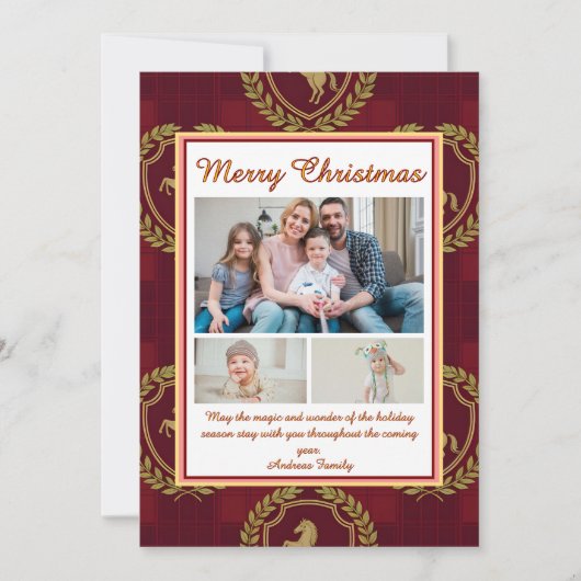 Rustic Royal Christmas Plaid 3 Photo Holiday Card Feestdagenkaart (Voorkant)