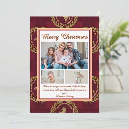 Rustic Royal Christmas Plaid 3 Photo Holiday Card Feestdagenkaart (Staand voorkant)