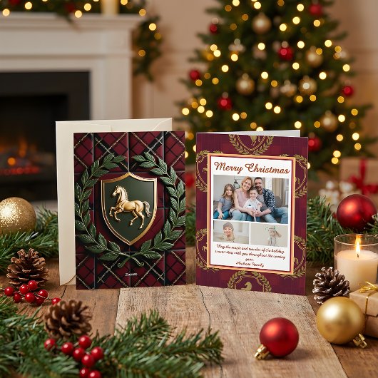 Rustic Royal Christmas Plaid 3 Photo Holiday Card Feestdagenkaart