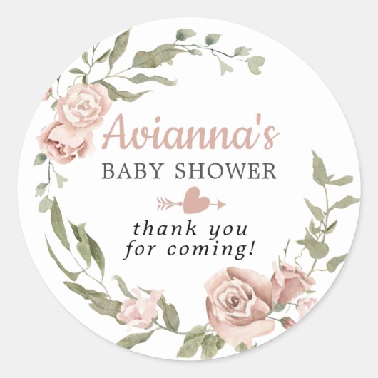 Rustic Roze Bloemen Baby Shower Bedankje Klassiek  Ronde Sticker (Voorkant)