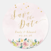 Rustic Roze Bloemige Trouw 'Save the Date' Ronde Sticker (Voorkant)