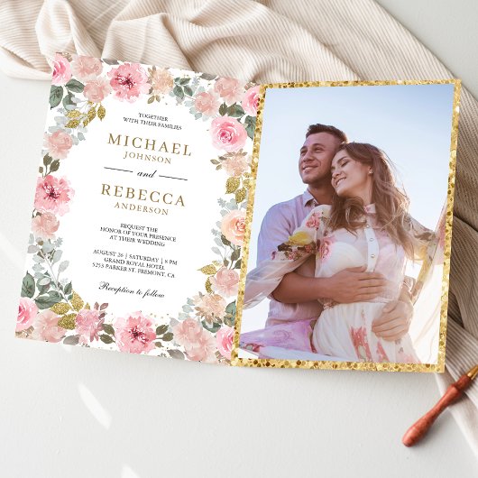 Rustic Roze en Gouden Bloemencode QR Code Huwelijk