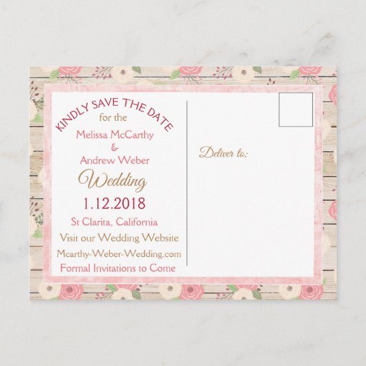 Rustic Roze en Tan Floral sparen het Briefkaart va (Achterkant)