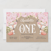 Rustic, Roze Floral, Woodland, Girl 1st Birthday Kaart (Voorkant)