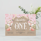 Rustic, Roze Floral, Woodland, Girl 1st Birthday Kaart (Staand voorkant)