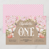 Rustic, Roze Floral, Woodland, Girl 1st Birthday Kaart (Voorkant / Achterkant)
