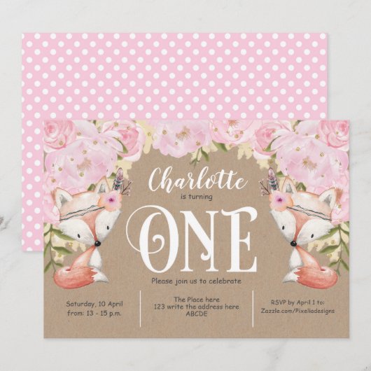 Rustic, Roze Floral, Woodland, Girl 1st Birthday Kaart (Voorkant / Achterkant)
