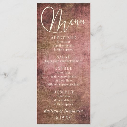 Rustic Roze & Jute Rustic Vintage Trouw Menu (Voorkant)
