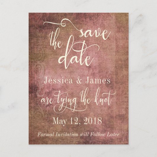 Rustic Roze & Jute Vintage Save the Date Aankondigingskaart (Voorkant)