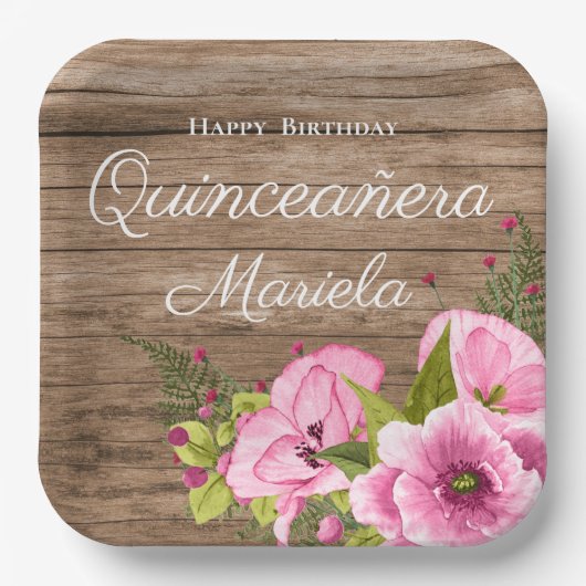 Rustic Roze Klaprozen Quinceañera Papieren Bordje (Voorkant)