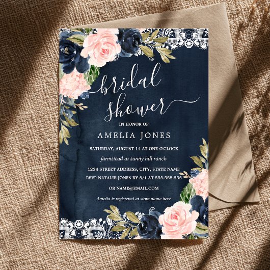 Rustic Roze Navy Bloemendessin Bruids Bruiloft Kaart