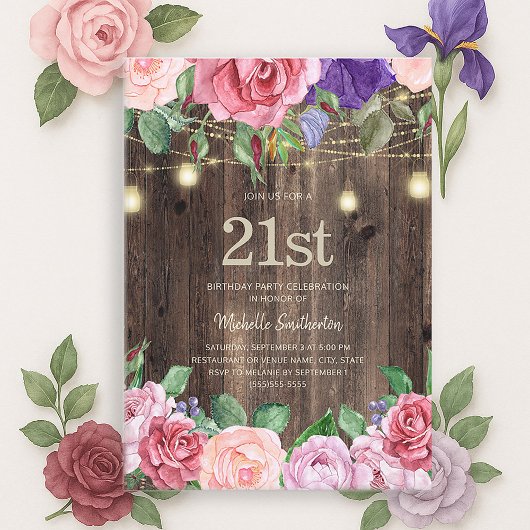 Rustic Roze Paarse Bloemen Slingerlichten 21e Kaart