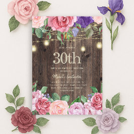 Rustic Roze Paarse Bloemen Slingerlichten 30th Kaart