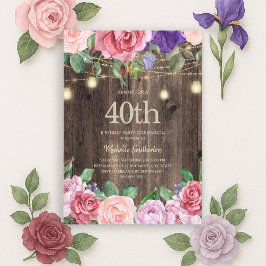 Rustic Roze Paarse Bloemen Slingerlichten 40th  Kaart