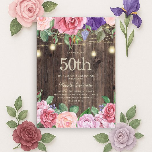 Rustic Roze Paarse Bloemen Slingerlichten 50th Kaart