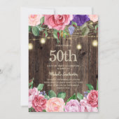 Rustic Roze Paarse Bloemen Slingerlichten 50th Kaart (Voorkant)