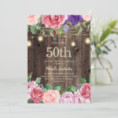 Rustic Roze Paarse Bloemen Slingerlichten 50th Kaart (Staand voorkant)